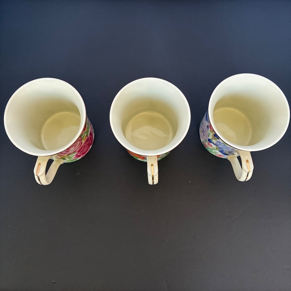Lenox Mug Set 3pc Flower Blossom Fine Porcelain Gold Trim 1995 Cottage Tea Party - Picture 5 of 11